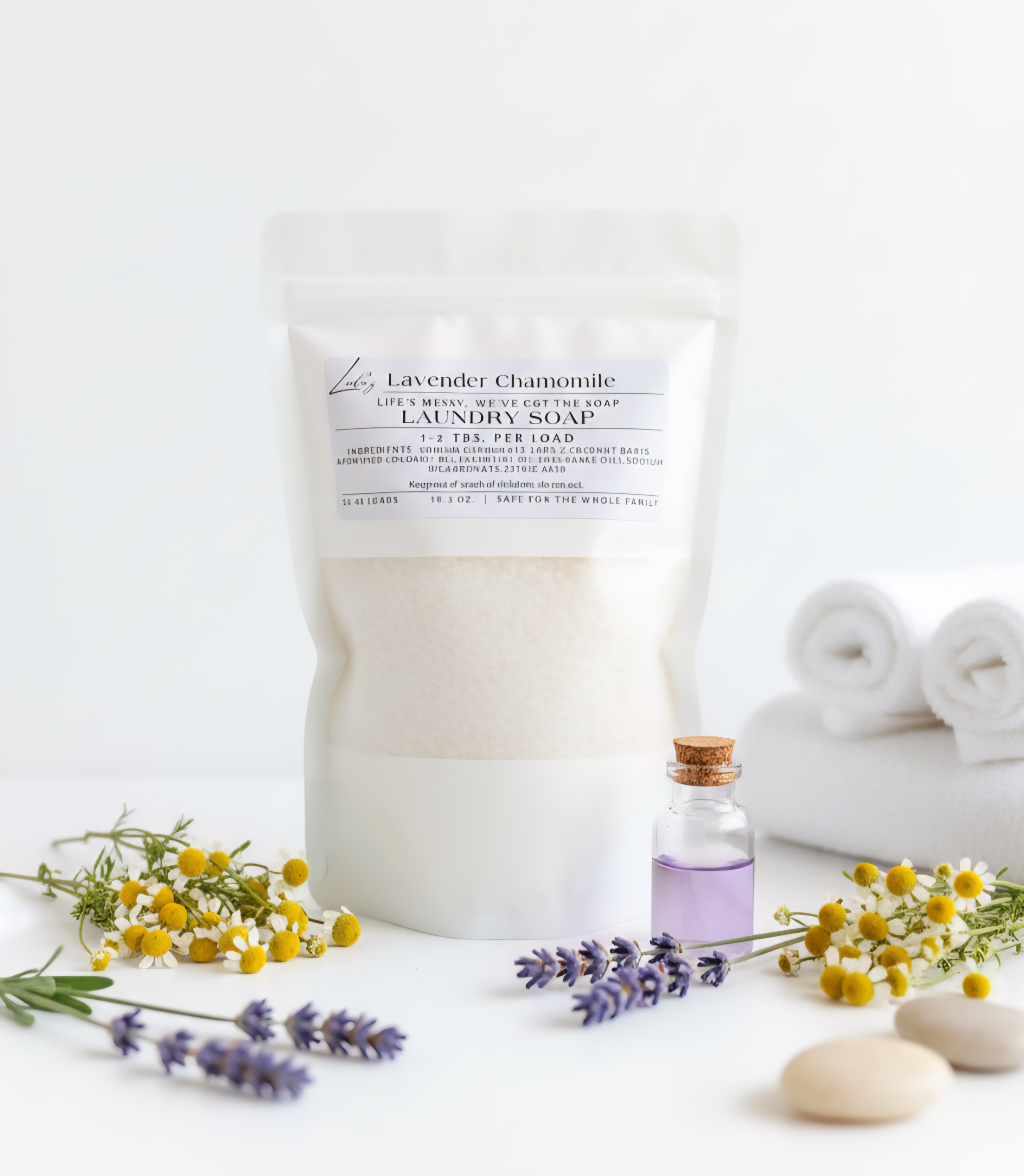 Bring a touch of calm to your laundry day. Our Lavender & Chamomile laundry soap combines the soothing scent of fresh lavender with the gentle sweetness of chamomile for a peaceful, clean aroma. Made with natural, skin-safe ingredients, it lifts away dirt while leaving your clothes soft and lightly scented. Perfect for winding down after a long day—clean laundry that smells like relaxation. Ingredients: Sodium Carbonate, Lada’z coconut bar(saponified coconut oil, Essential oil/Fragrance Oil), Sodium Bicarbonate, Citric acid Instructions: Only 1–2 tablespoons per load! Each bag provides 24–48 loads of soft, clean, naturally fresh laundry. Some discoloration is normal in the soap due to no preservatives.