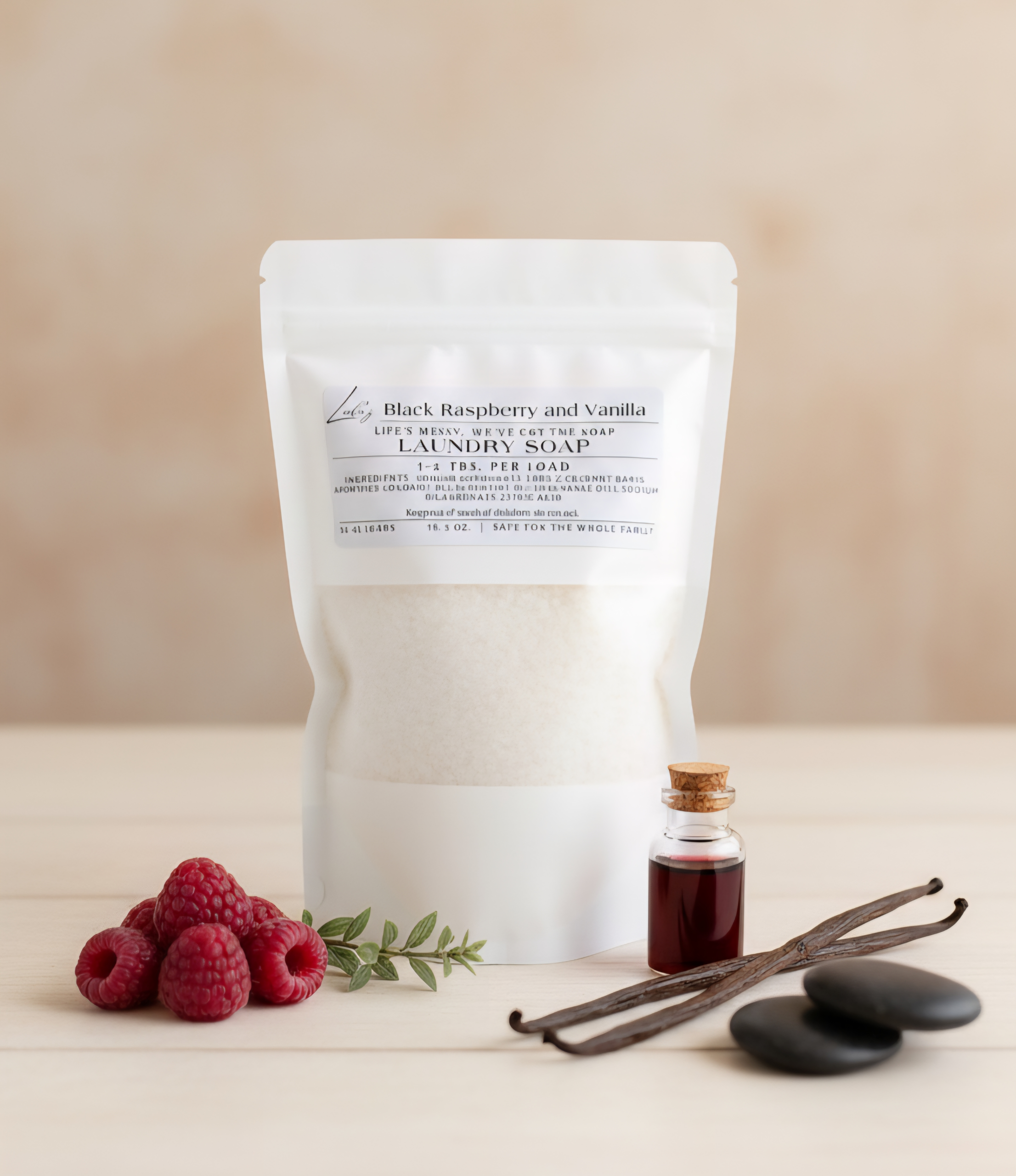 Sweet, creamy, and a little bit irresistible! Our Black Raspberry Vanilla laundry soap blends the juicy scent of ripe black raspberries with smooth vanilla for a cozy, comforting clean. It gently washes your clothes while leaving behind a soft, lingering fragrance that feels both fresh and luxurious. Free from harsh chemicals and made with skin-friendly ingredients, it’s a treat for your laundry and your senses. Ingredients: Sodium Carbonate, Lada’z coconut bar(saponified coconut oil, Essential oil/Fragrance Oil), Sodium Bicarbonate, Citric acid Instructions: Only 1–2 tablespoons per load! Each bag provides 24–48 loads of soft, clean, naturally fresh laundry. Some discoloration is normal in the soap due to no preservatives.